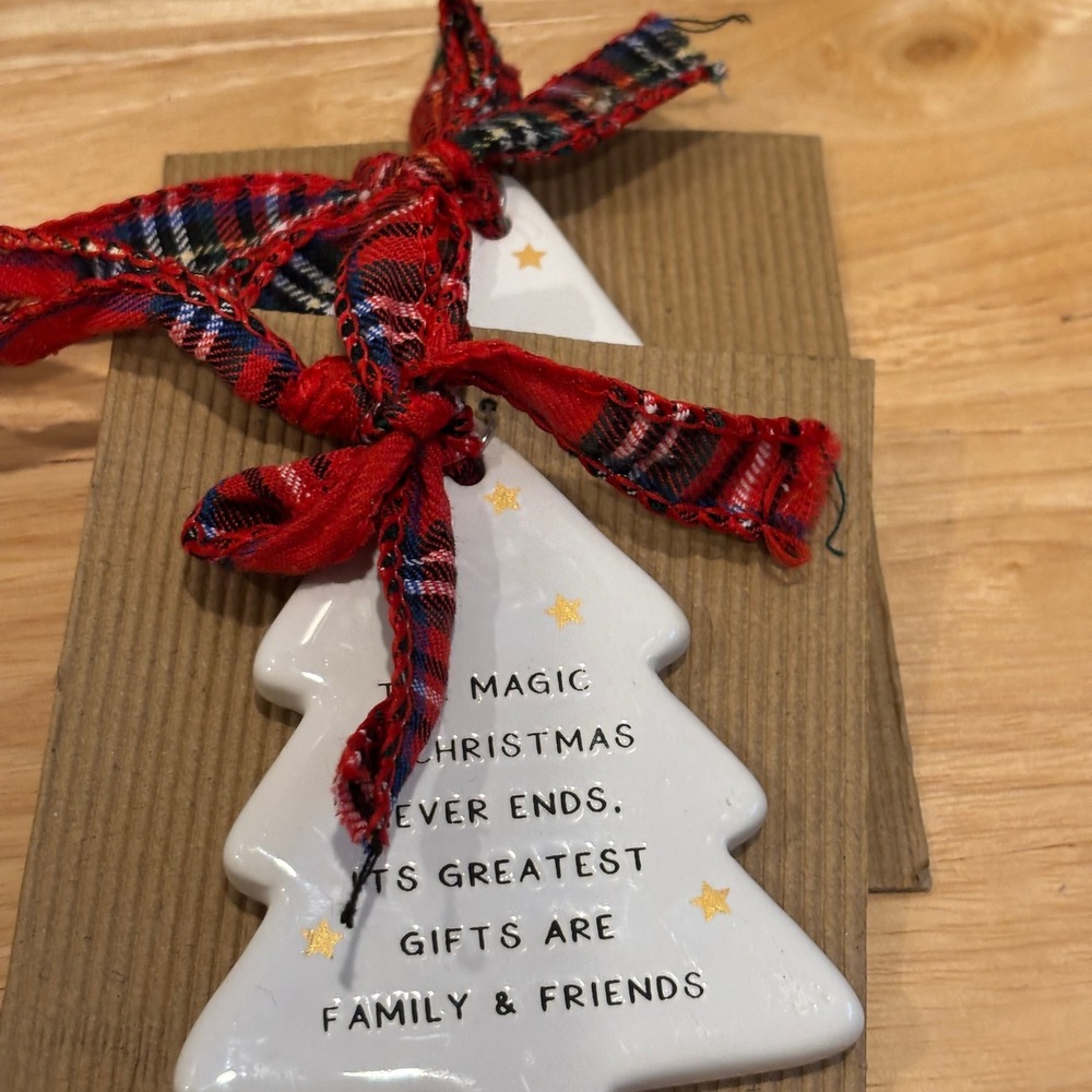 Mud Pie Ceramic Christmas Tree Ornaments Set of 2 Family & Friends Plaid Ribbon